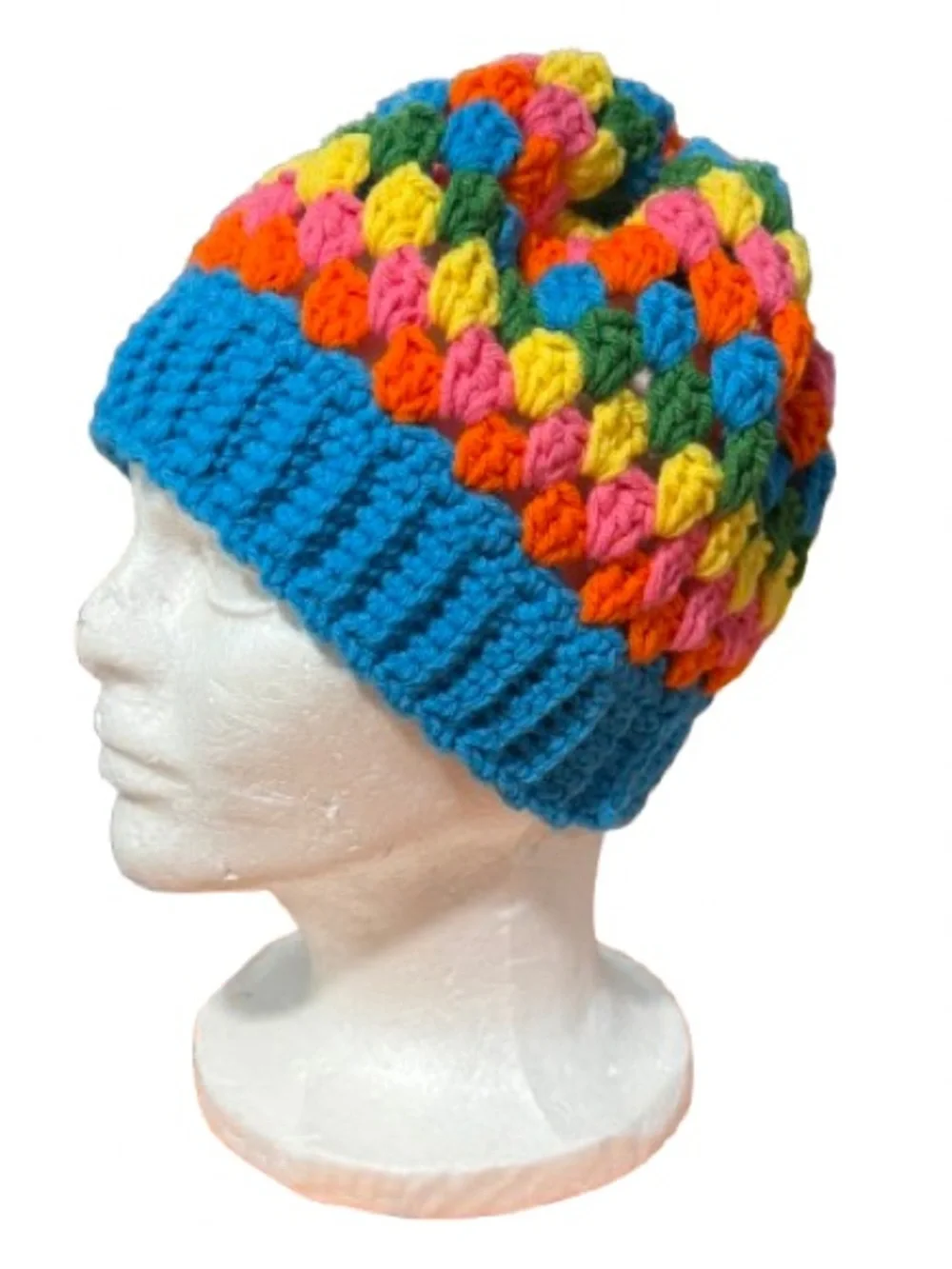 Handmade Rainbow granny Stitch Crochet Beanie | Slouchy Winter Hat | OOAK
